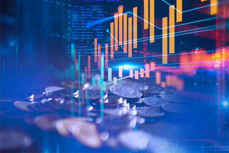 image of coins with graphs in background