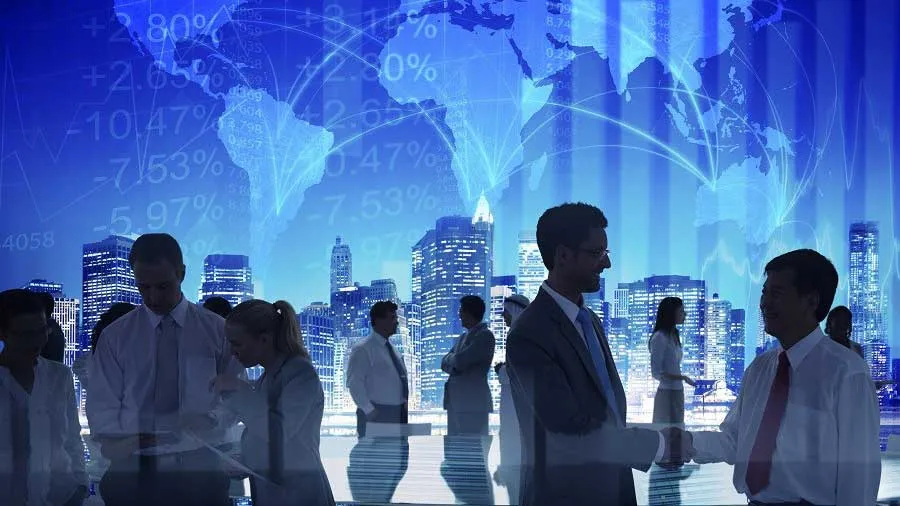 blue stylized photo of people in a business networking environment